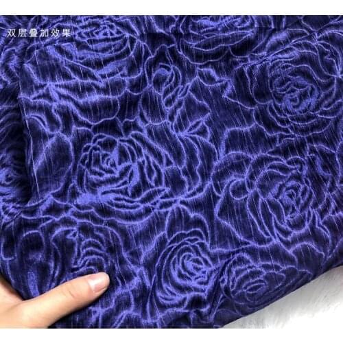 New Super Beautiful Flocking Crepe Yarn: Purple Blue/Carmine Embossed Flocking Flower Halo-dyed Fold Yarn Fabric for Chinese Che