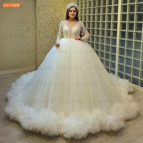 Luxurious Ivory V Neck Wdding Gowns 2020 vestido de casamento Lace Up Tulle Ball Gown Bridal Dresses Long Sleeves suknia slubna