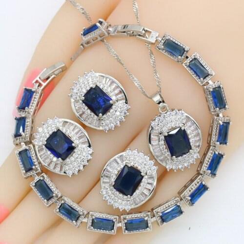 Luxury Blue Stones Dubai Silver Color Jewelry Sets For Women Bridal Bracelet Earrings Rings Necklace Pendant Birthday Gift