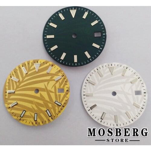 29mm Sterile Green Luminous Leaf Accessories Faces Watch Dial With Date Window For NH35 NH36 4R35 4R36 7S26 Automatic Movement