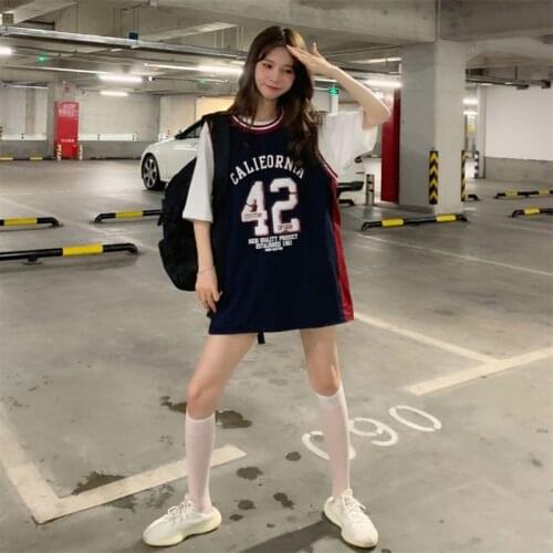 Loose all-match color sports jersey mid-length letters sleeveless vest short-sleeved T women