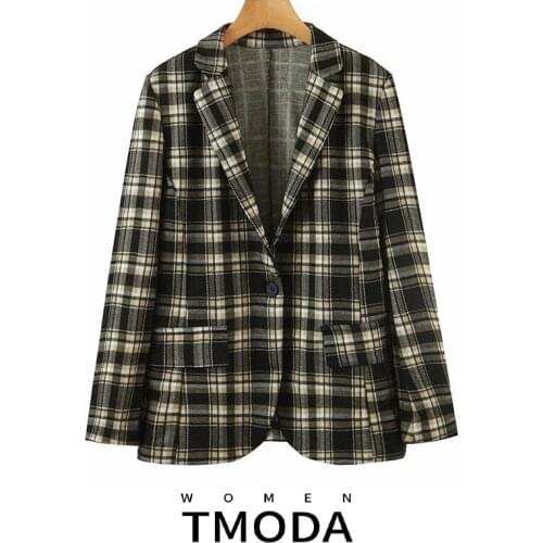 TMODA1904 Za 2021 Spring Autumn Fashion Womens Brown Plaid Blazer Female Chic Coat Suit Jacket Office Lady Notched Feminino Top
