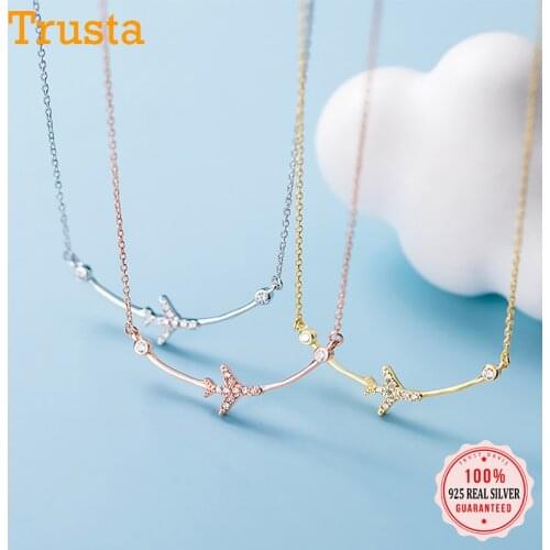 TrustDavis 925 Sterling Silver Fashion arc Travel Plane Twinkling CZ Pendant Short Necklace For Women Fine S925 Jewelry DS759