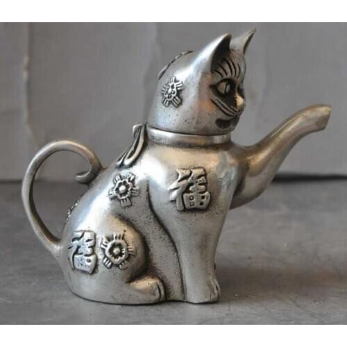 Decoration bronze factory outlets Tibet Silver old chinese silver lucky rich Cat wealth Pussy lucky statue Wine Tea Pot Flagon