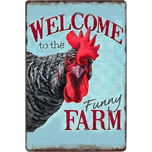 Vintage Tin Poster Welcome to The Funny Farm Country Cottage Chicken Coop Metal Tin Sign 8x12 Inch Retro Art Home Bar Restaurant