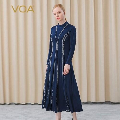 VOA Heavy Silk Double Knitted Half-high Collar Striped Pair Silk Elegant Long Sleeve Medium To Long Womens Dress 2021 AE675