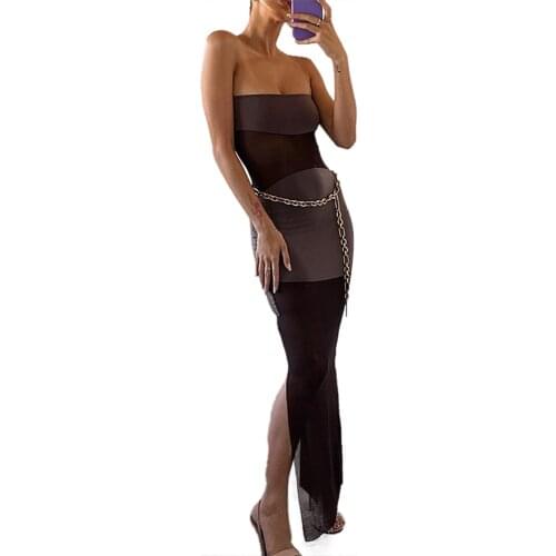 XLLAIS Bodycon Patchwork Mesh Sexy Micro-Transparent Summer Split Sleeveless Tube Long Party Club Madi Dresses