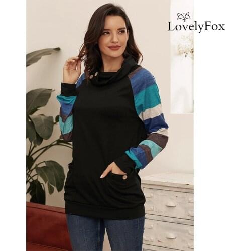 Multicolor Striped Raglan Sleeve Black Cowl Neck Sweatshirt Women Hooded Collar With Drawstring Long Sleeved Cheaply Wholesale