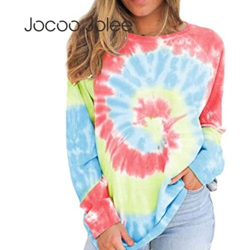 Jocoo Jolee Women Autumn O Neck Hoodies Y2K Tie Dye Ptint Loose Sweatshirts Vintage Harajuku Aesthetic Tee Causal Pullover