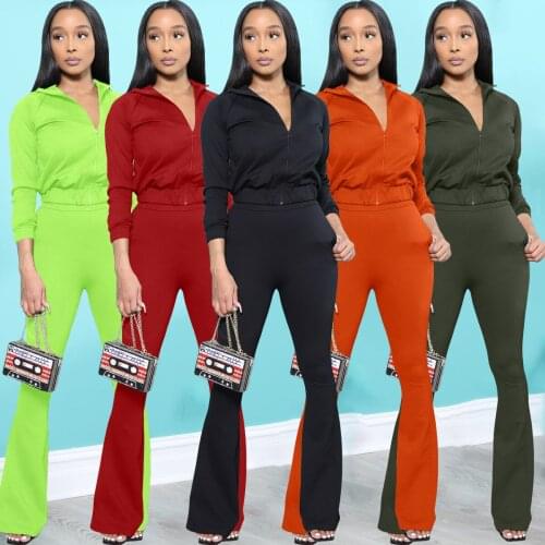 Autumn two piece set women long sleeve zipper sporty Jackets+pocket flare pants matching sets workout stretchy outfits