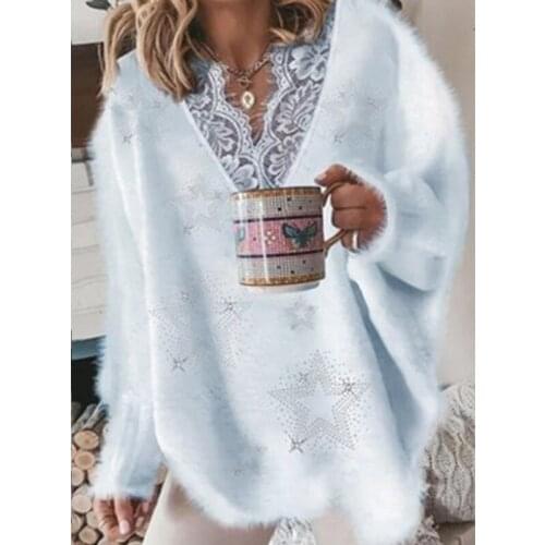 Elegant lace trim patchwork star pattern sweater Autumn winter long sleeve v neck loose pullovers White blue pink jersey 2021