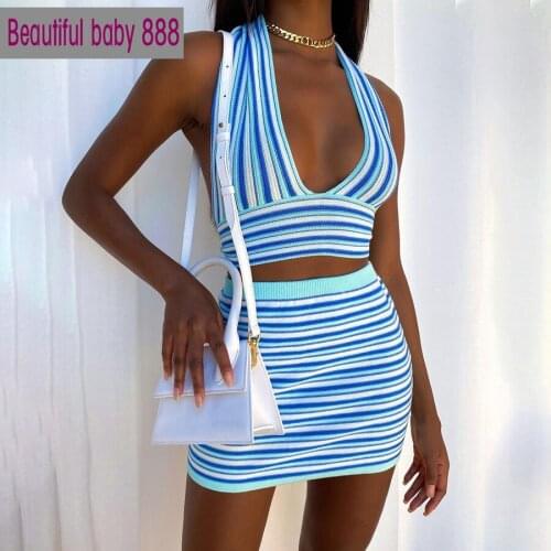 Meqeiss Sexy Blue Stripe Knit 2 Two Piece Sets Women V Neck Crop Top And Skinny Elastic Force Mini Skirts Summer Club Outfits