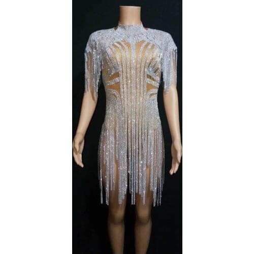 High Quality Bling Silver Rhinestones Fringes Bodysuit Birthday Celebrate Costume Female Singer Bling Tassel Leotard Stage Dance