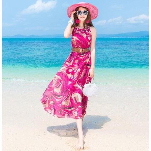 Womens summer flower print long chiffon dress ladys sexy sleeveless sunscreen long beach vacation Bohemia dress TB344