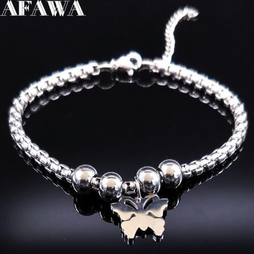 2021 Butterfly Stainless Steel Bracelets Women Bead Silver Color Women Bracelet Bangle Jewelry Christmas Gift pulseras B17813