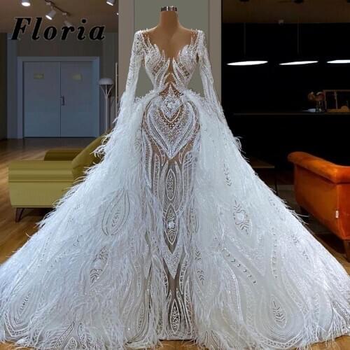 Arabic Muslim Illusion Prom Dresses Long Evening Dresses 2020 Dubai Beaded Feathers Women Wedding Party Dresses Robe De Longue