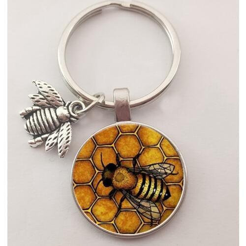 Cute Insect Bee Keychain Fashion Geometric Honeycomb Honey Bee 3D Printed Glass Dome Key Ring Chain Bumble Bee Trinkets