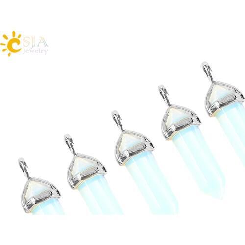 CSJA Hexagonal Prisms Opal Semi Precious Gem Stone Bullet Shape Suspension Pendant & Statement Necklace Men Women Jewelry E271
