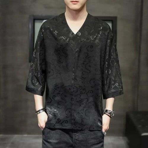 Chinese Style Plus Size V-Neck T Shirts Men Clothing 2021 Fashion Loose Jacquard Short Sleeve Harajuku Tops Male Oversized Tee