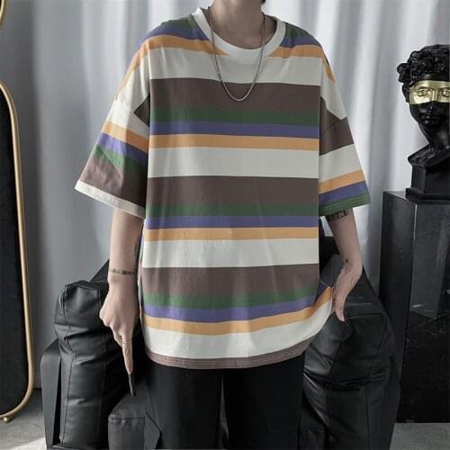 Rainbow Striped Short Sleeve Man Tshirts Korean Style Cool Punk Clothing Summer Fashion Oversized Hip Hop Streetwear Top Quality