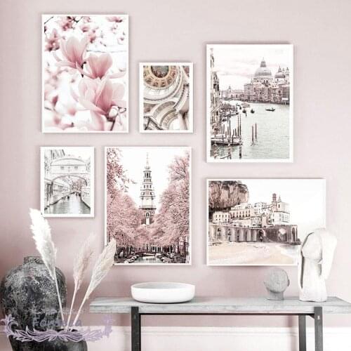 Italy Venice City Building Landscape Canvas Painting Nordic Pink Magnolia Flower Posters and Prints Wall Art Pictures