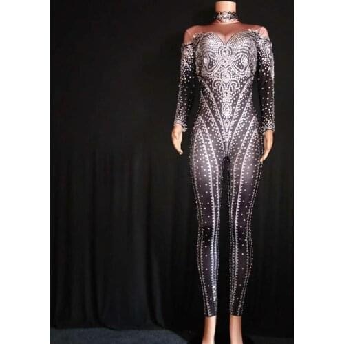 Black Womens Long Sleeves Skinny Jumpsuits Female Fashion Bodycon Acrobatics Performance Costumes Women Crystals Stage Wear