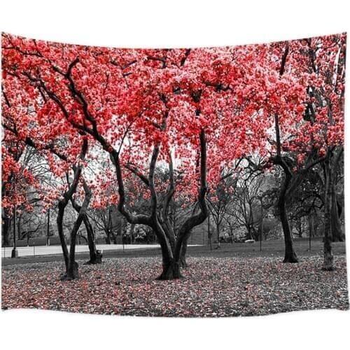 Mystic Garden Tapestry Gothic Red Flower Trees Blossom in Black and White Landscape Scene Wall Hanging