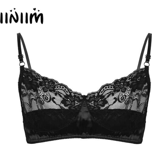 Mens Sissy Sheer Bra Top Spaghetti Straps Sexy Lace Cups Wireless Unlined Bralette Vest Gay Crossdressing Lingerie Hot Underwear