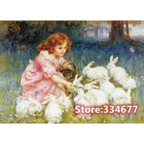Cross Stitch Kits Girl and Cute Bunny Needlework Embroidery Crafts 14CT Unprinted DIY Arts Handmade Home Decor