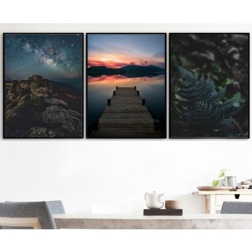 Nordic Sunset Starlight Landscape Poster Mountain Bridge Leaf Canvas Painting Wall Art Pictures For Living Room Home Decor