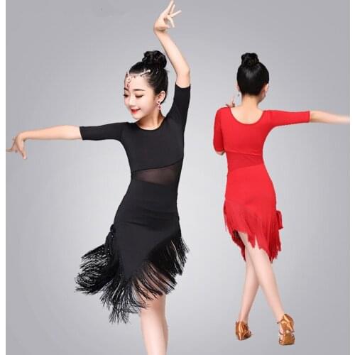 Black Red New Childrens Latin Dance Wear Short Sleeve Kids Dance Competition Dress Girls Performance Costumes