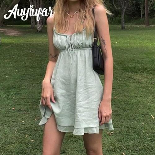 Auyiufar Green Tie Up Ruched Fairycore Strap Mini Dresses Two Layer Backless Y2K Cottagecore A Line Dress One Piece Cute Outfits