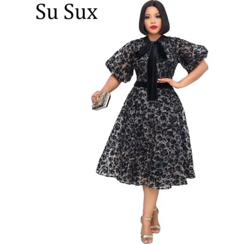 Puff Sleeve African Dresses For Women African Clothes Bow Collar High Waist A Line Dress Partyclub Vestidos 2021 Hot Sale Female