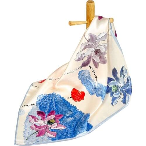 High-quality Pure Silk Scarf Women Bandana Female Hair Scarf Top Womens Natural Silk Square Head Scarf Headband for Women Lotus