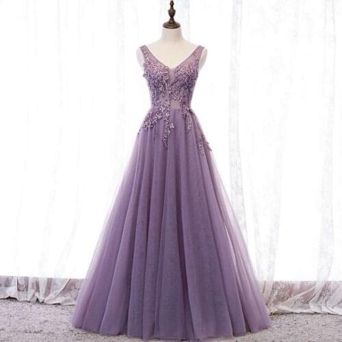 Lavender Prom Dresses V-Neck Sleeveless Backless Long Evening Dresses Illusion Sheer Floral Applique with Beads