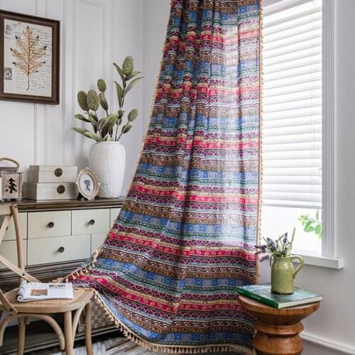 Retro Bohemian Ethnic Style Rose Red Curtains Study Living Room Geometric Printing Coffee Color Tassel Semi-Blackout Curtains