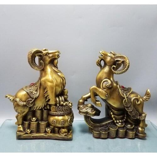 10" Chinese Seikos Bronze Zodiac Sheep Statue A pair Ruyi Cornucopia Goat Implication Lucky fortune Wangcai Decoration