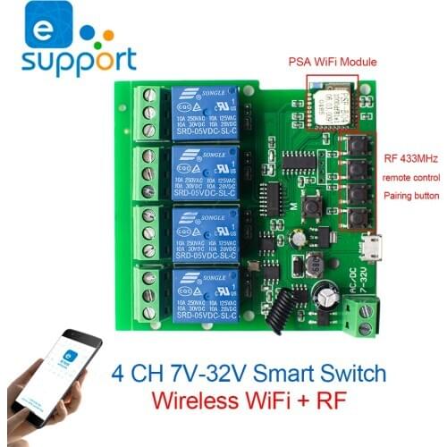 EWeLink Smart Remote Control Wifi wireless Switch Module 4CH DC 7V-32V 12V 24V 32V Inching Self-locking RF Receive 10A Relays