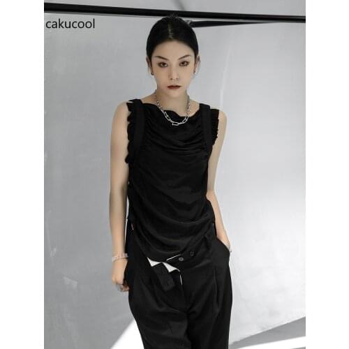 Cakucool new vest womens solid dark wind Copper Anse pleated slim temperament sleeveless womens Vest Gothic slim sexy top