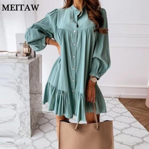 Vintage Ruffle Office Dress Women Spring Long Sleeve Stand Collar Solid A-Line Dress 2021 Casual Loose Mini Dresses