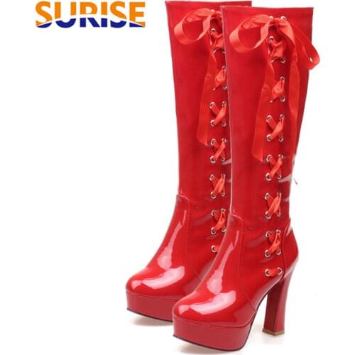 Winter Patent Leather Women Platform Knee High Boots 11cm Thick Chunky Heel Red Round Toe Riband Zipper Female Riding Long Boots