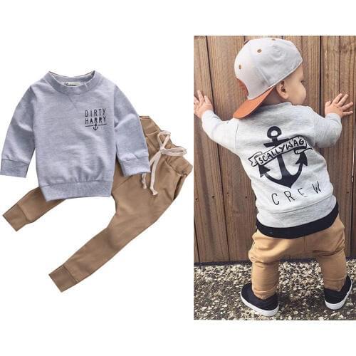 2 Pcs/Set Newborn Kids Baby Clothing Sets "Scallywag Crew" Grey Cotton Tops+ Khaki Pants Baby Casual Clothes Outfits Autumn New