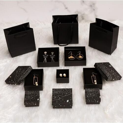 12pcs Silver Foil Printed Jewelry Boxes Black Craft Paper Box for Necklace Earring Brooches Ring Gift Bag