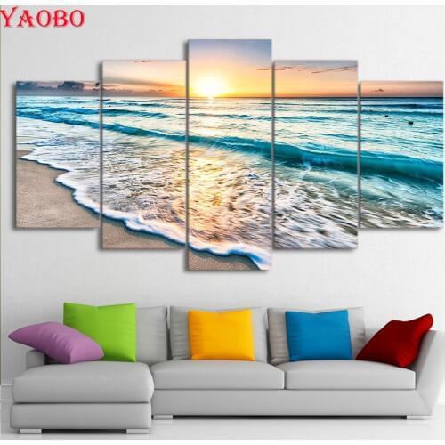 DIY Diamond Embroidery 5 Pcs Seascape Sunset Beach Sea Wave Mosaic Painting Rhinestone 5D Cross Stitch Multi Picture Combination