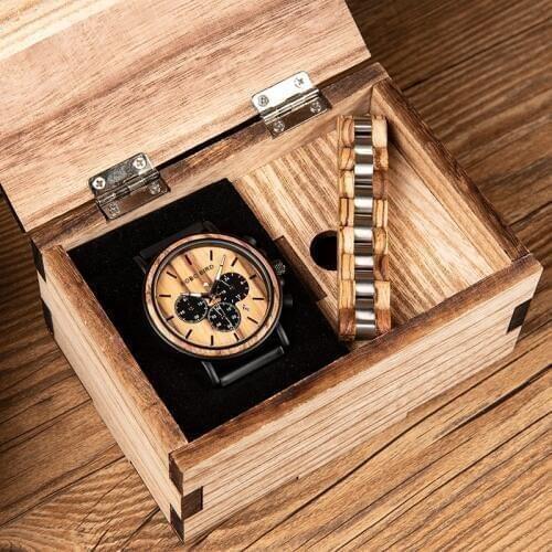Relogio masculino BOBO BIRD Men Watch Wood Bracelet Set Chronograph Quartz Watches in Wooden Box Drop Shipping Engraving