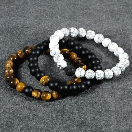 Black Lava Rock Stone Bracelet Couple Distance Tiger Eye Black Onyx Beaded Bracelets for Women Men Energy Elastic Wrist Jewelry