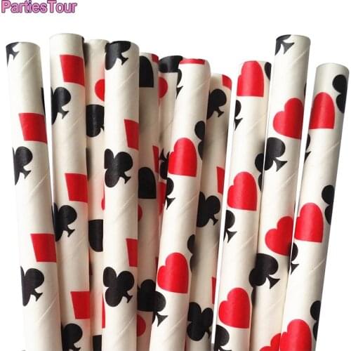 25pcs Poker Card Pattern Paper Straws Casino Party Decor Black Red White Drinking Straw Las Vegas Themed Birthday Party Supplies