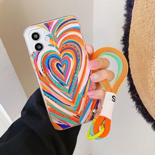 Gradient Heart With INS Rope Chain Shockproof Case For iPhone 12 Pro Max 11 Pro Max XS Max XR X 7 8 Plus SE 2020 Soft TPU Bumper