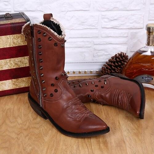 Christia Bella British Style Large Size Men Real Leather Boots Brown Pointed Toe Rivet Male Handmade Boots Men Dress Thigh Boot