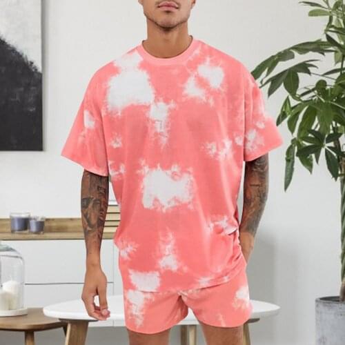 Men Sports Suit O-neck Short Sleeve Summer Tie-dye Print Leisure Male T-shirt Short Set for Running Jogging Homme Sportwear